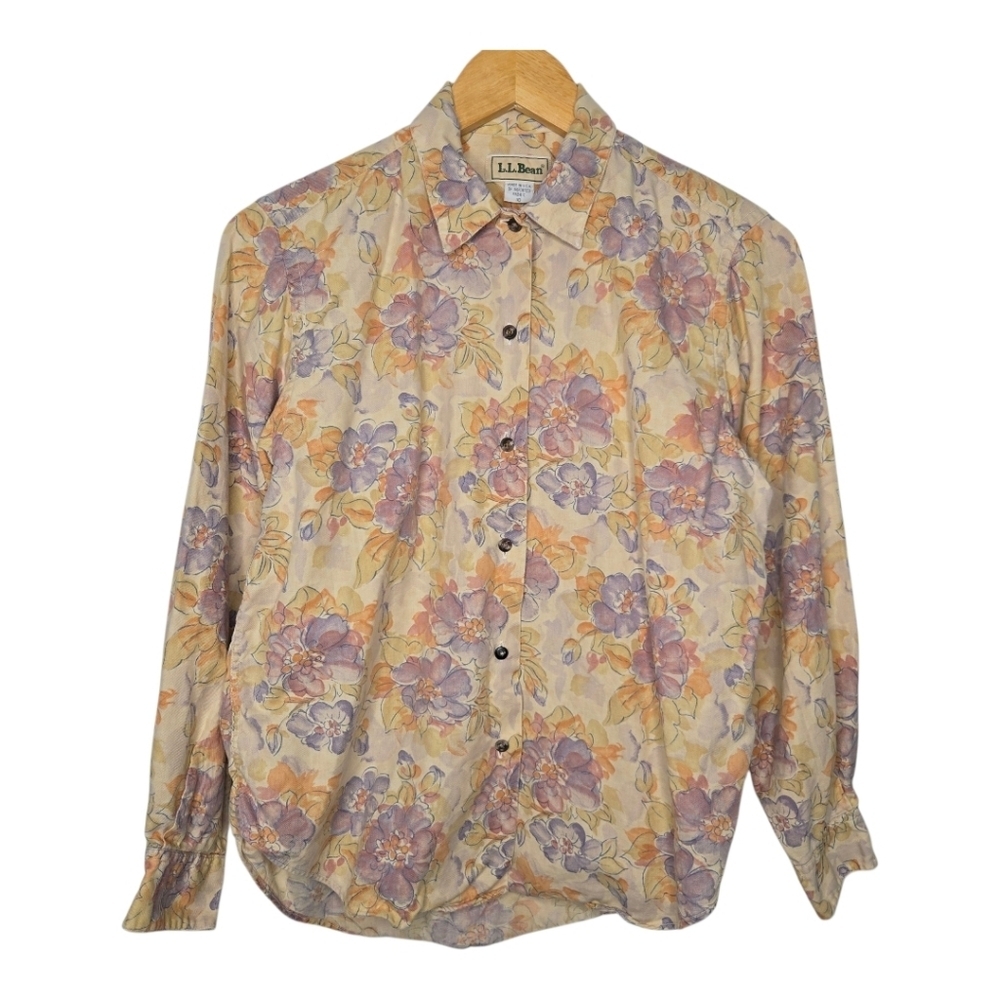 LL Bean Womens Vintage Yellow Colorful Floral Print Cotton Button Up Shirt 10